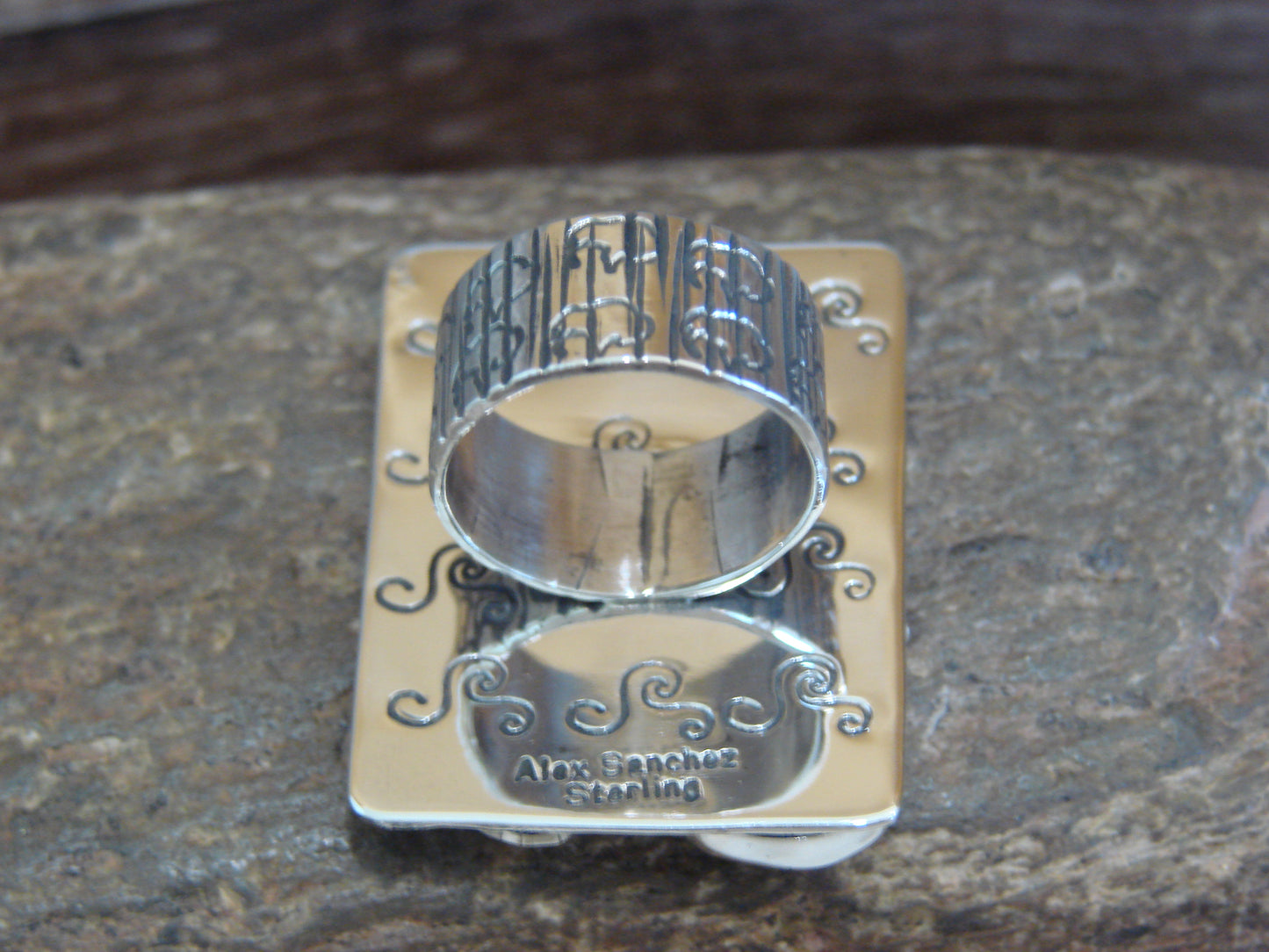 Navajo Sterling Silver & Turquoise Petroglyph Ring - Alex Sanchez Size 7.5