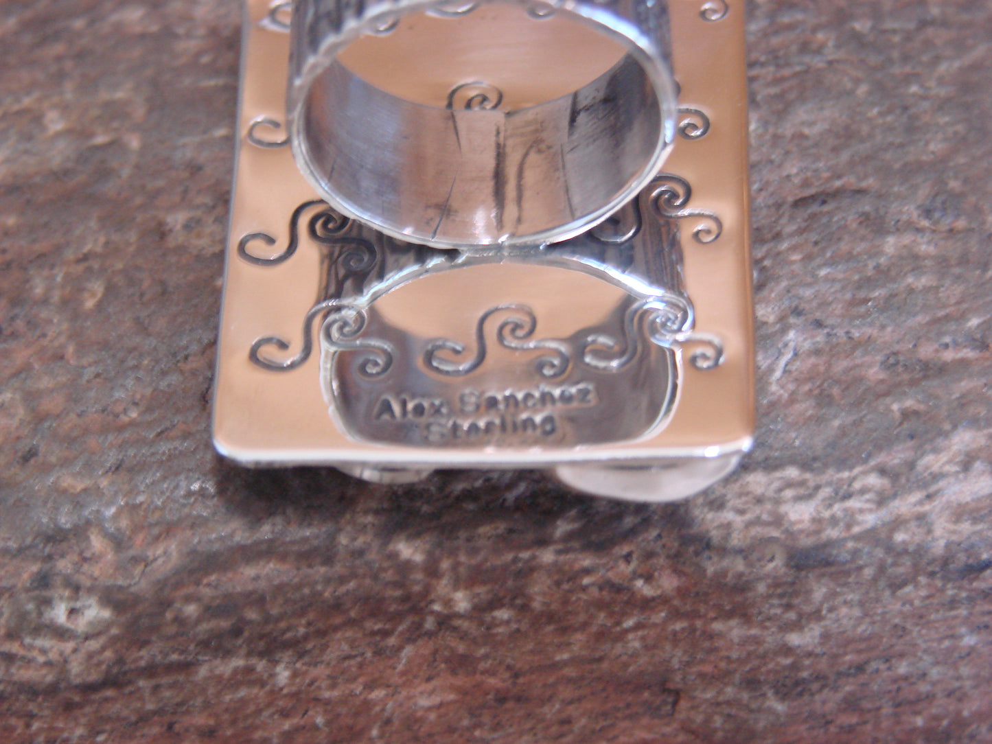 Navajo Sterling Silver & Turquoise Petroglyph Ring - Alex Sanchez Size 7.5