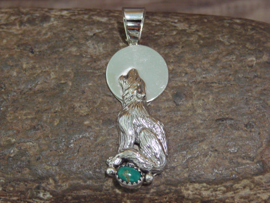 Native American Sterling Silver Green Turquoise Wolf Pendant by Yellowhair