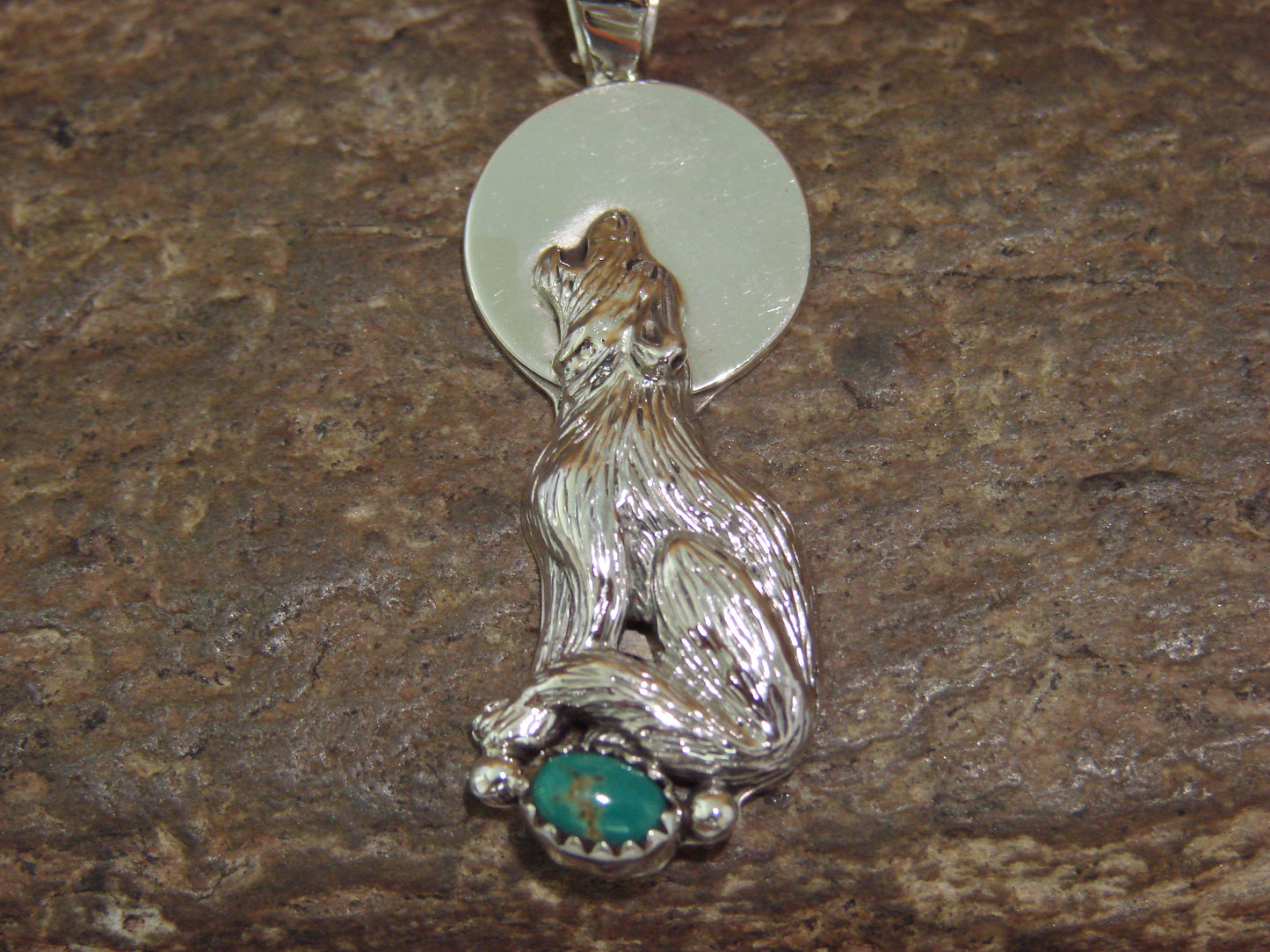 Native American Sterling Silver Green Turquoise Wolf Pendant by Yellowhair