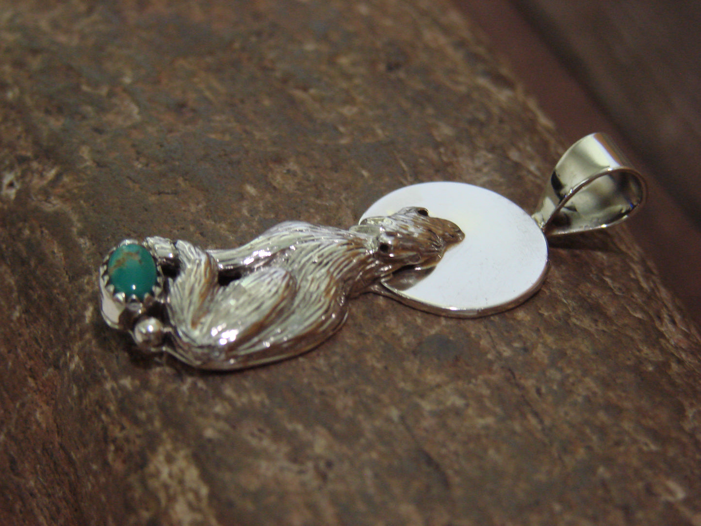 Native American Sterling Silver Green Turquoise Wolf Pendant by Yellowhair