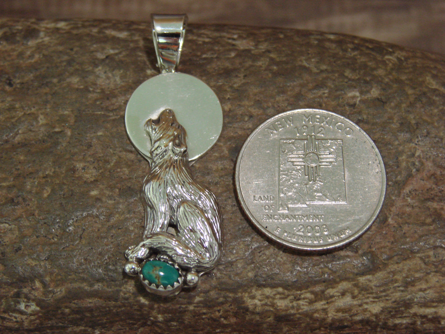 Native American Sterling Silver Green Turquoise Wolf Pendant by Yellowhair