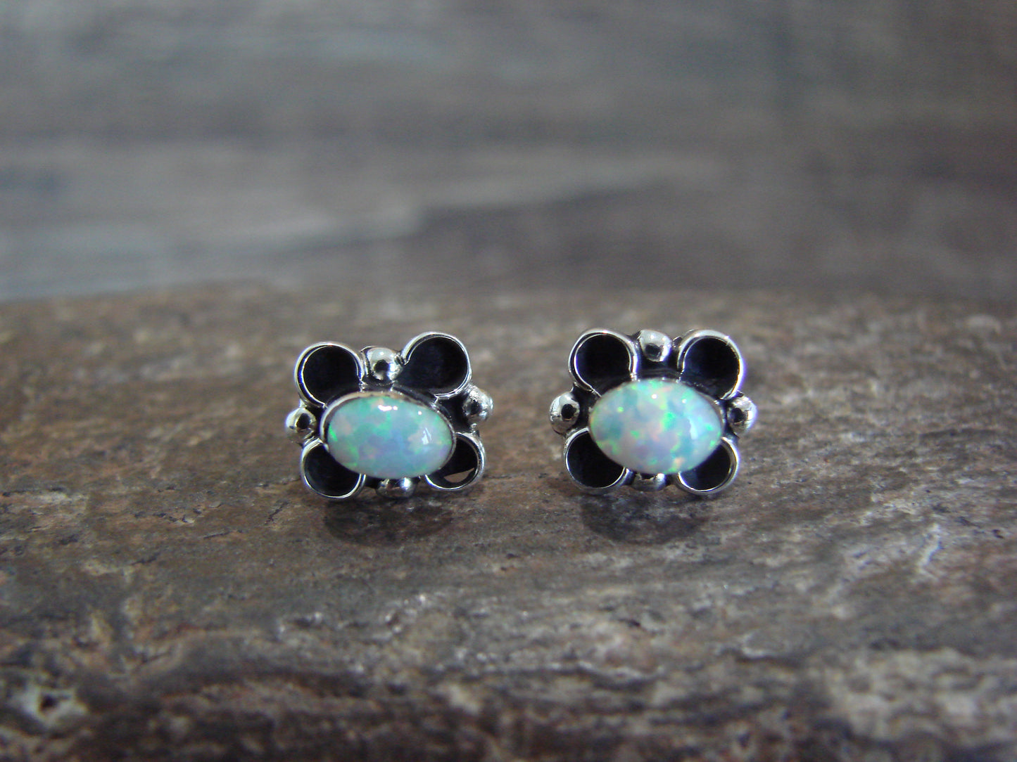 Zuni Indian Sterling Silver & White Opal Stud Earrings by Kanesta