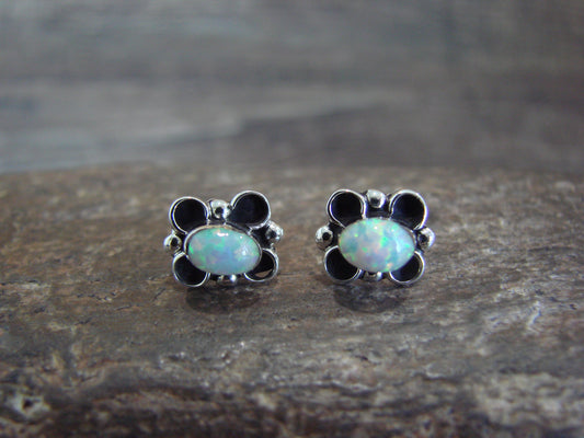 Zuni Indian Sterling Silver & White Opal Stud Earrings by Kanesta