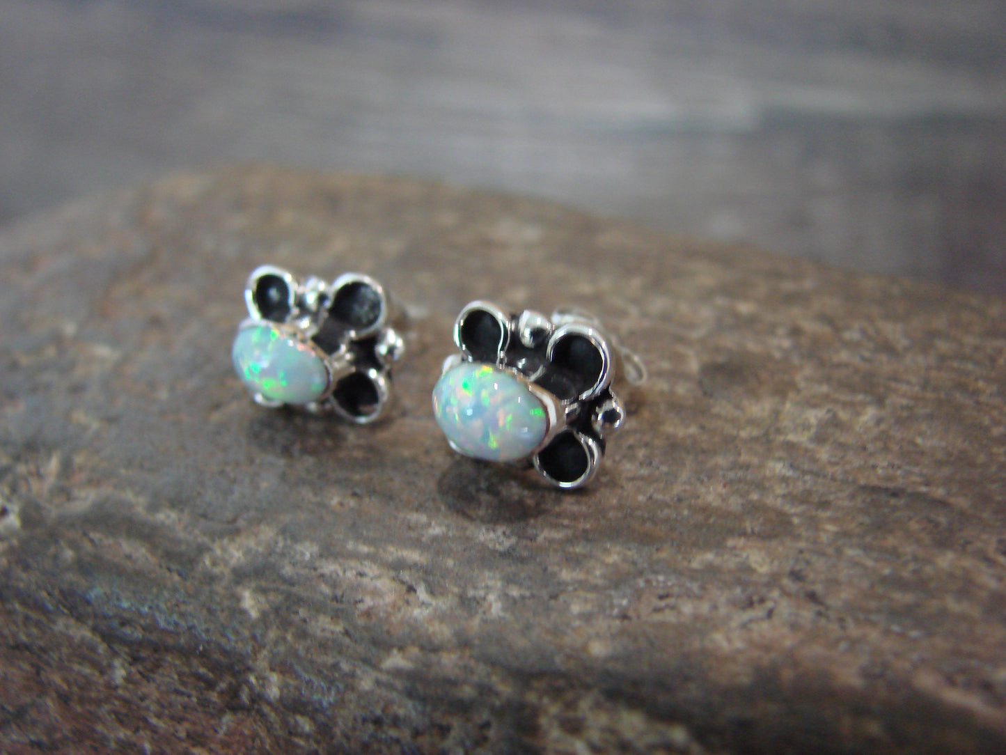 Zuni Indian Sterling Silver & White Opal Stud Earrings by Kanesta
