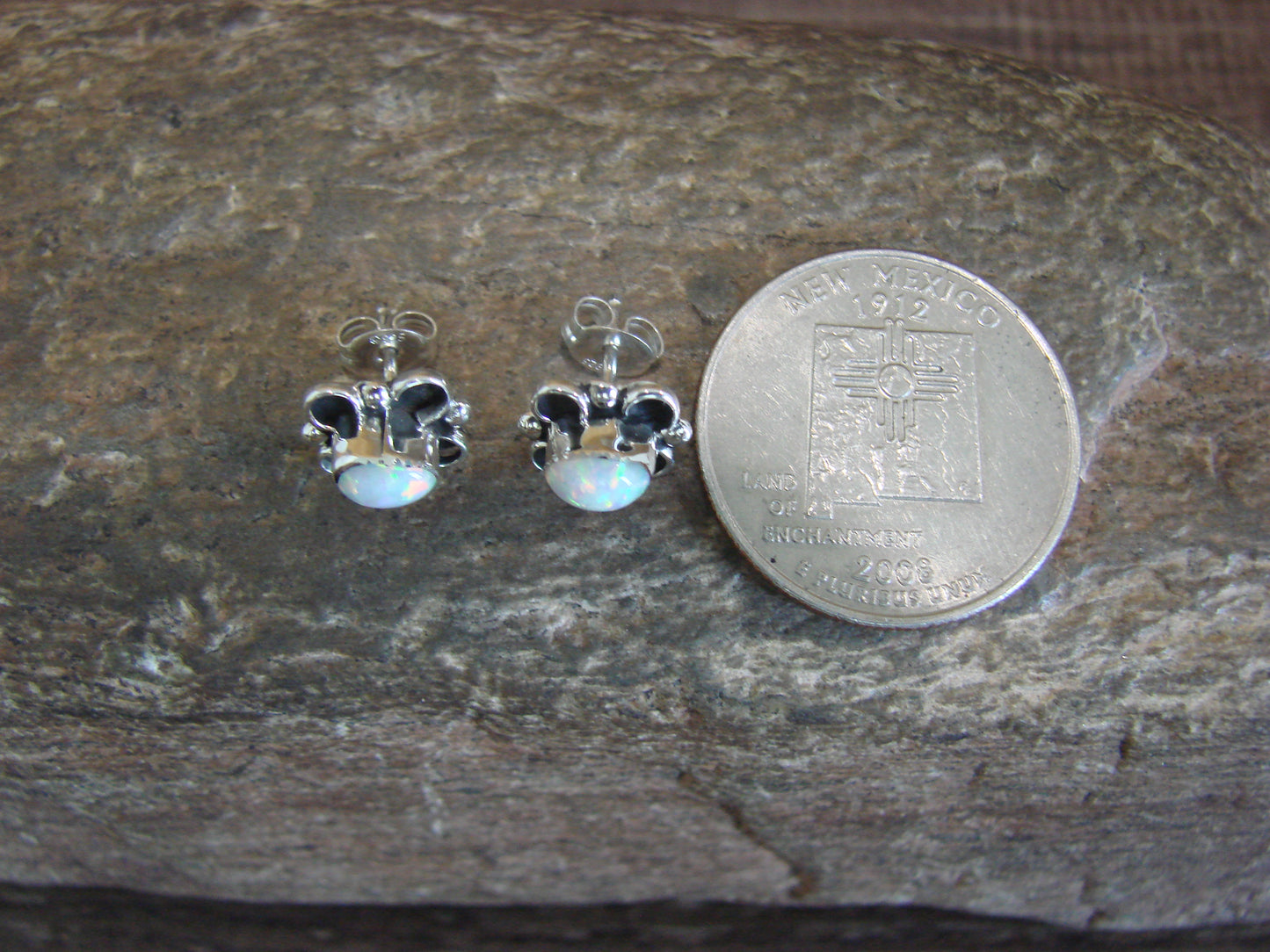 Zuni Indian Sterling Silver & White Opal Stud Earrings by Kanesta