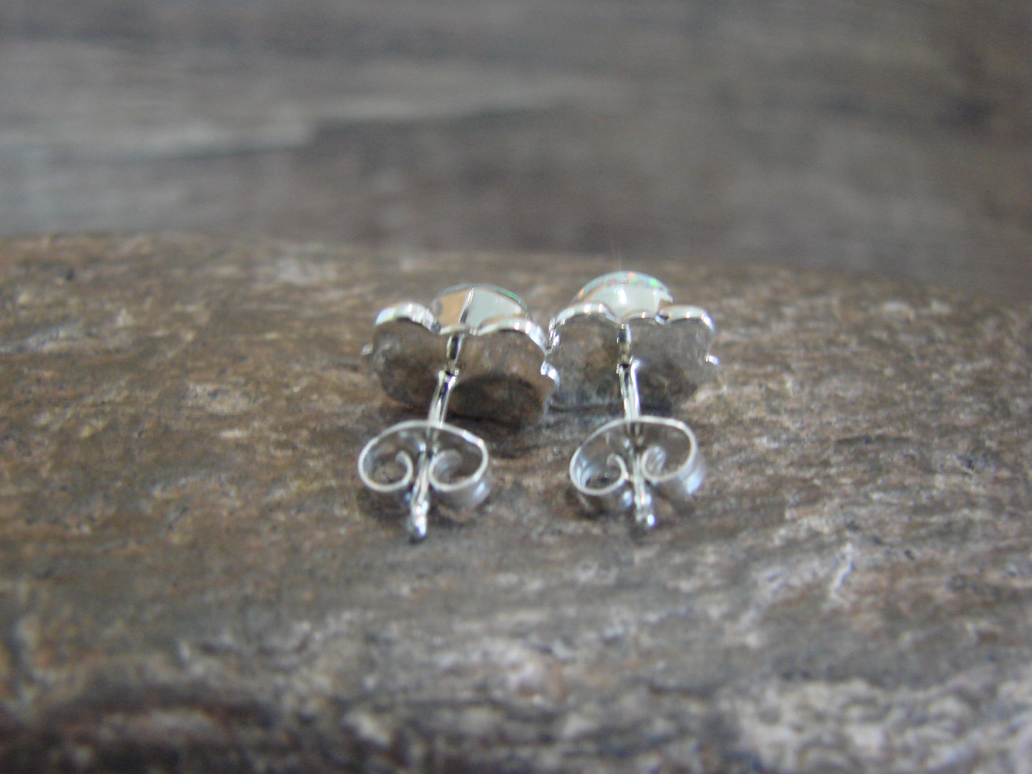 Zuni Indian Sterling Silver & White Opal Stud Earrings by Kanesta