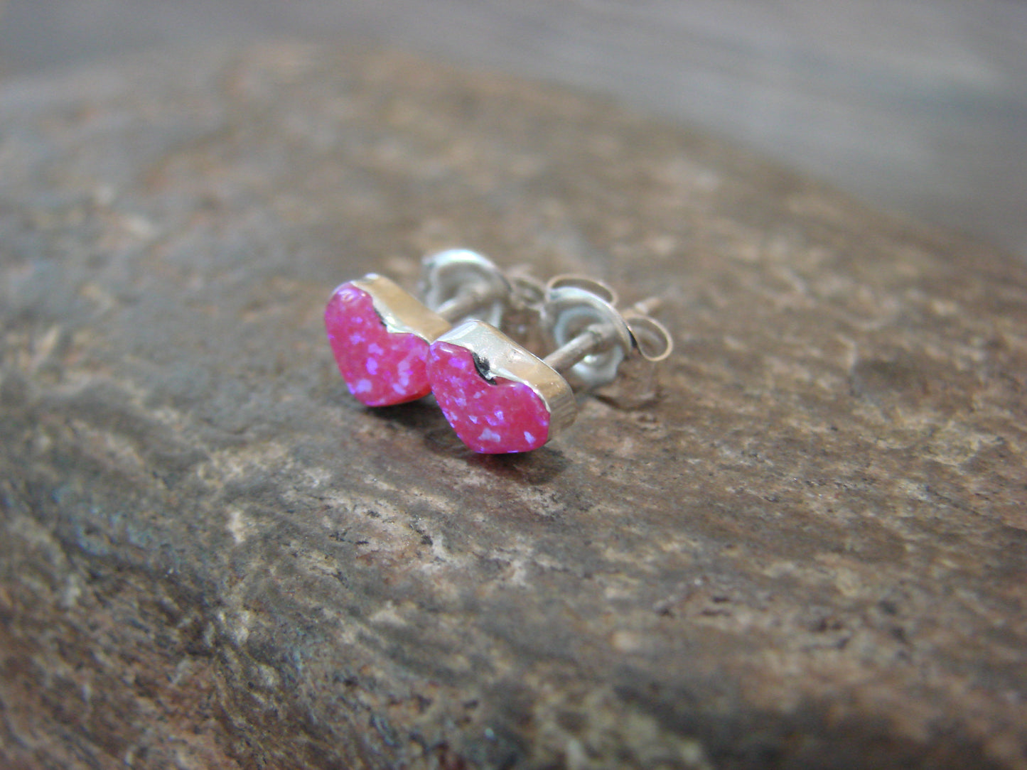 Native American Sterling Silver Pink Opal Heart Post Earrings - Neha