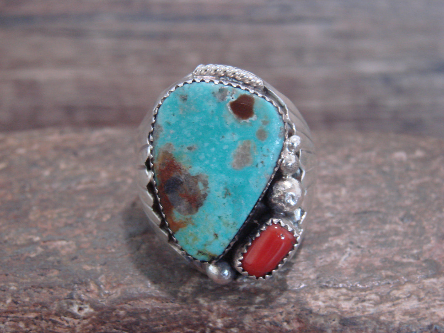 Native American Sterling Silver Turquoise & Coral Ring - Signed Thomas Jr - Size 14