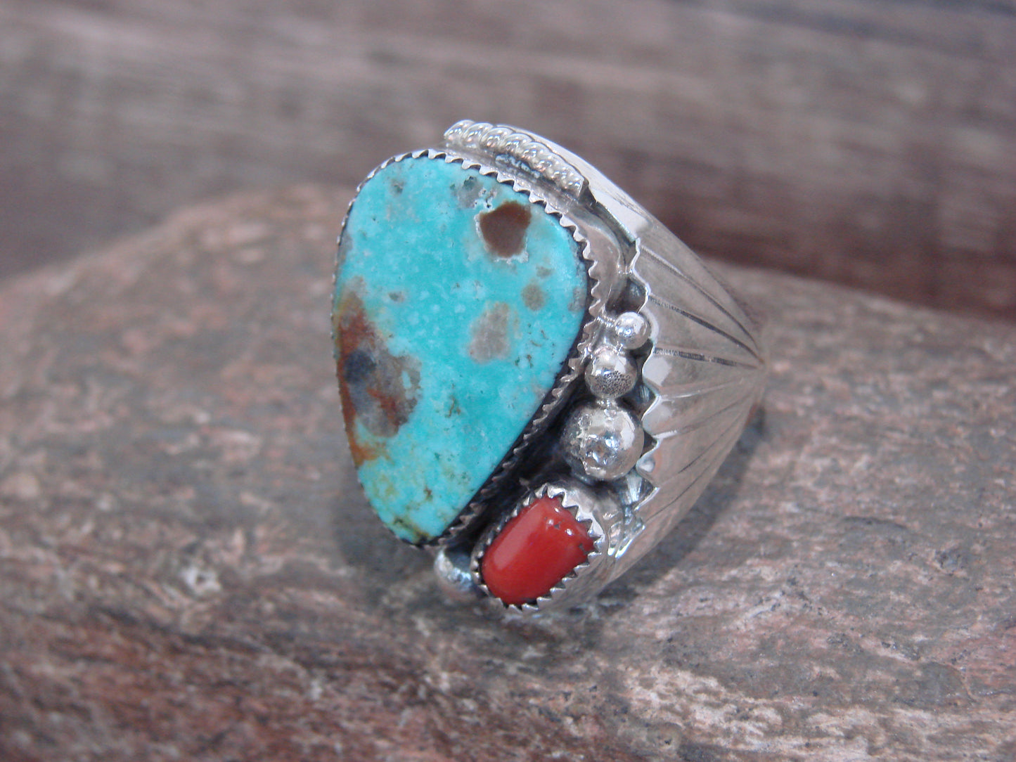 Native American Sterling Silver Turquoise & Coral Ring - Signed Thomas Jr - Size 14