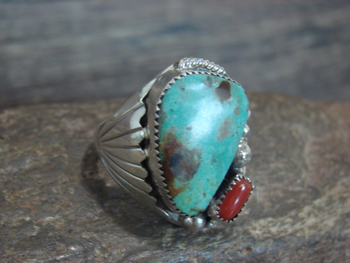 Native American Sterling Silver Turquoise & Coral Ring - Signed Thomas Jr - Size 14