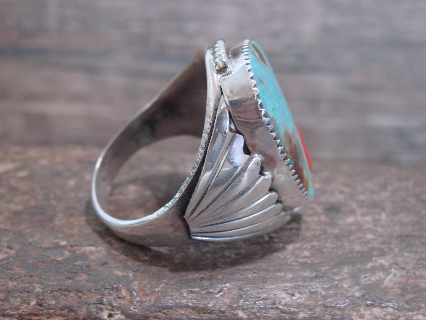 Native American Sterling Silver Turquoise & Coral Ring - Signed Thomas Jr - Size 14