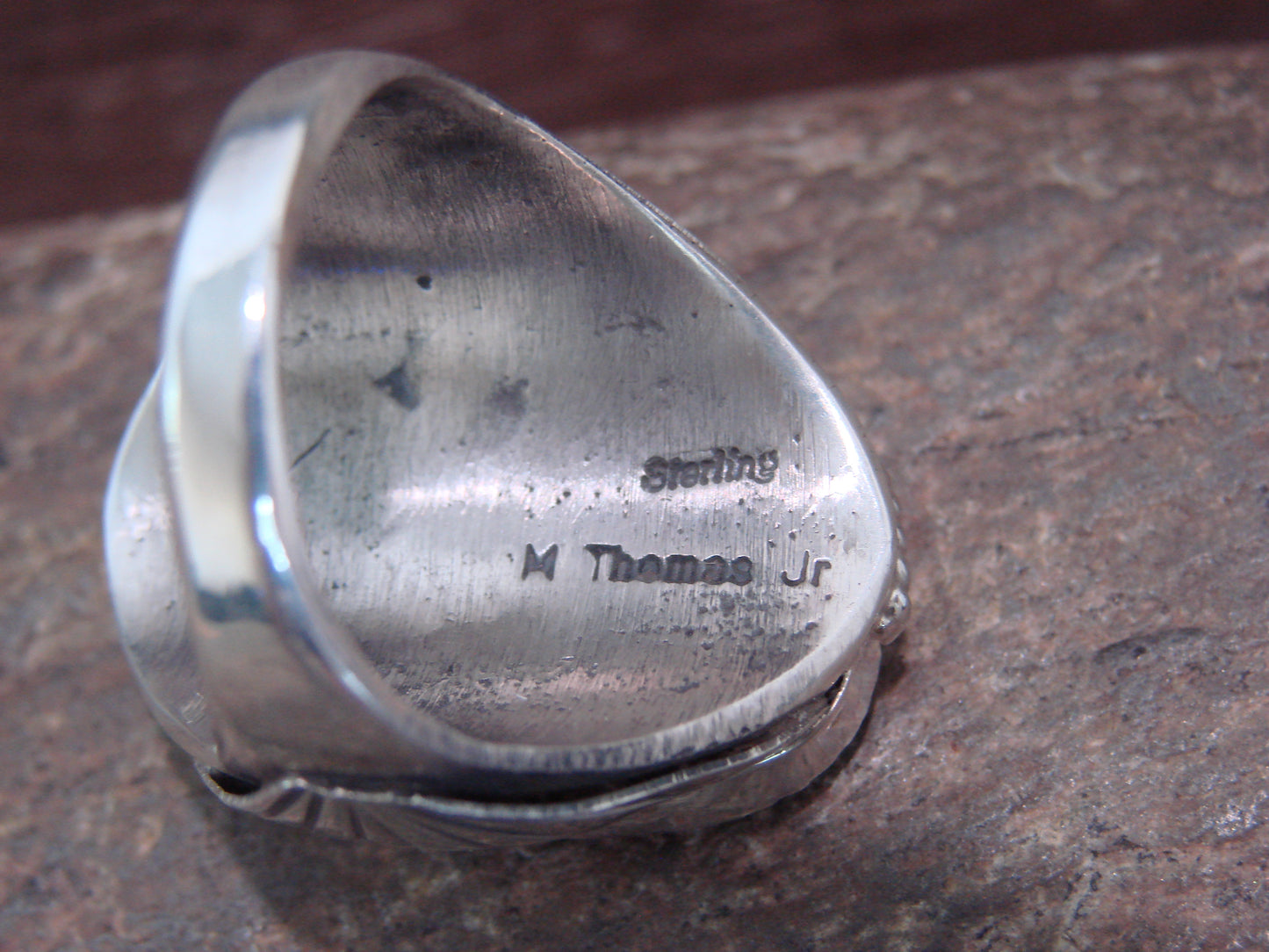 Native American Sterling Silver Turquoise & Coral Ring - Signed Thomas Jr - Size 14