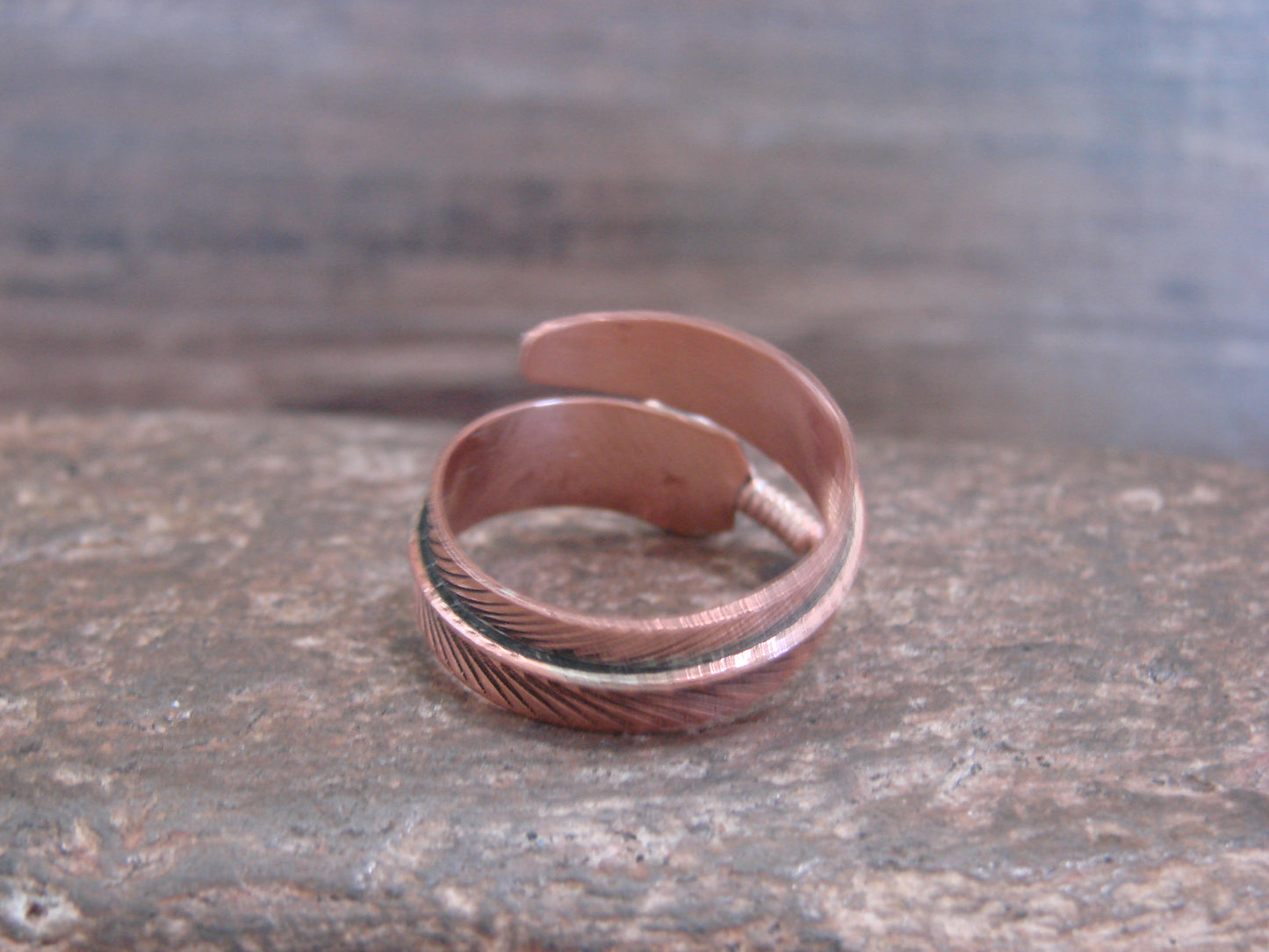 Native American Copper & Turquoise Adjustable Feather Ring Signed Davis