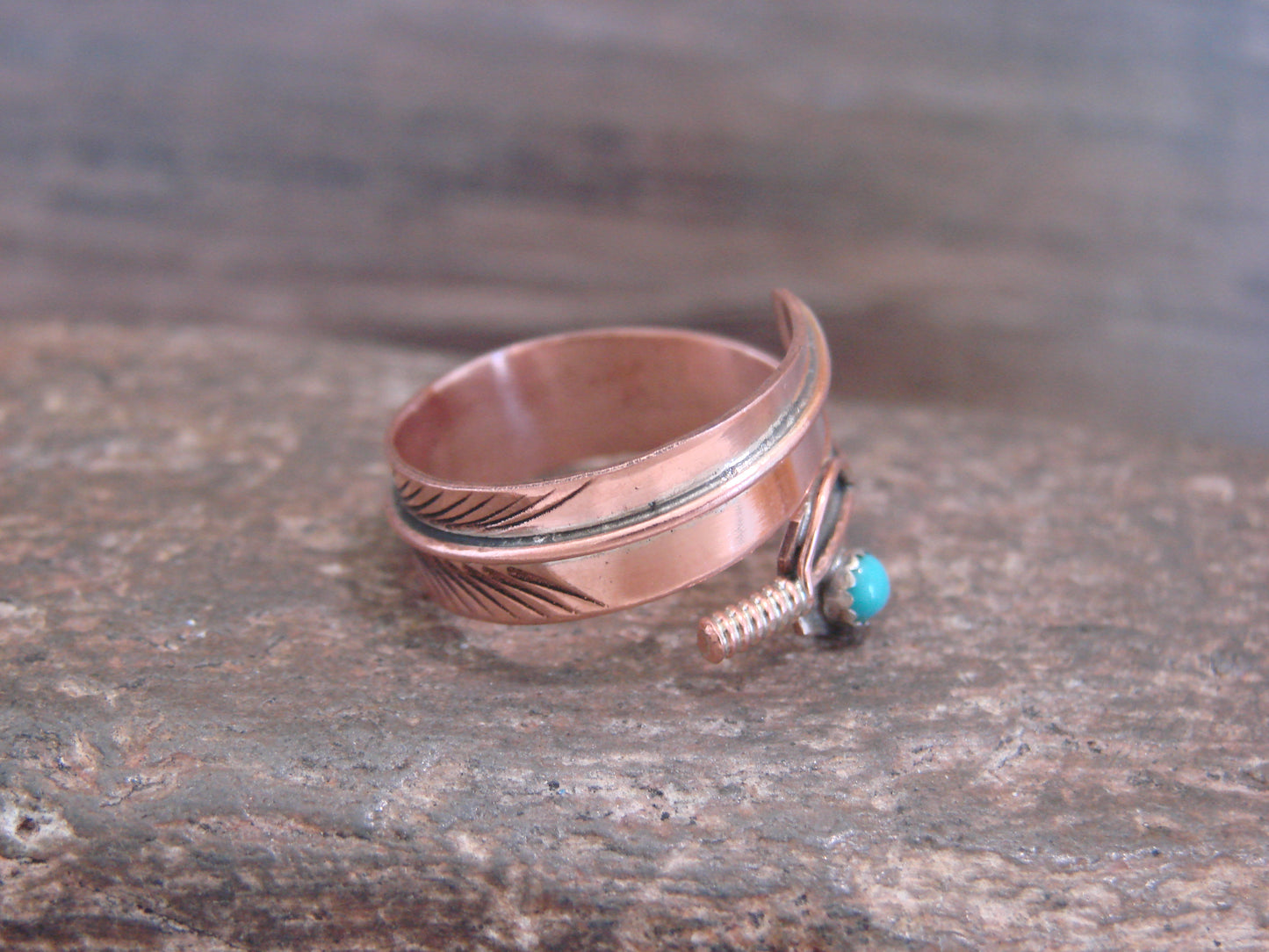 Native American Copper & Turquoise Adjustable Feather Ring Signed Davis