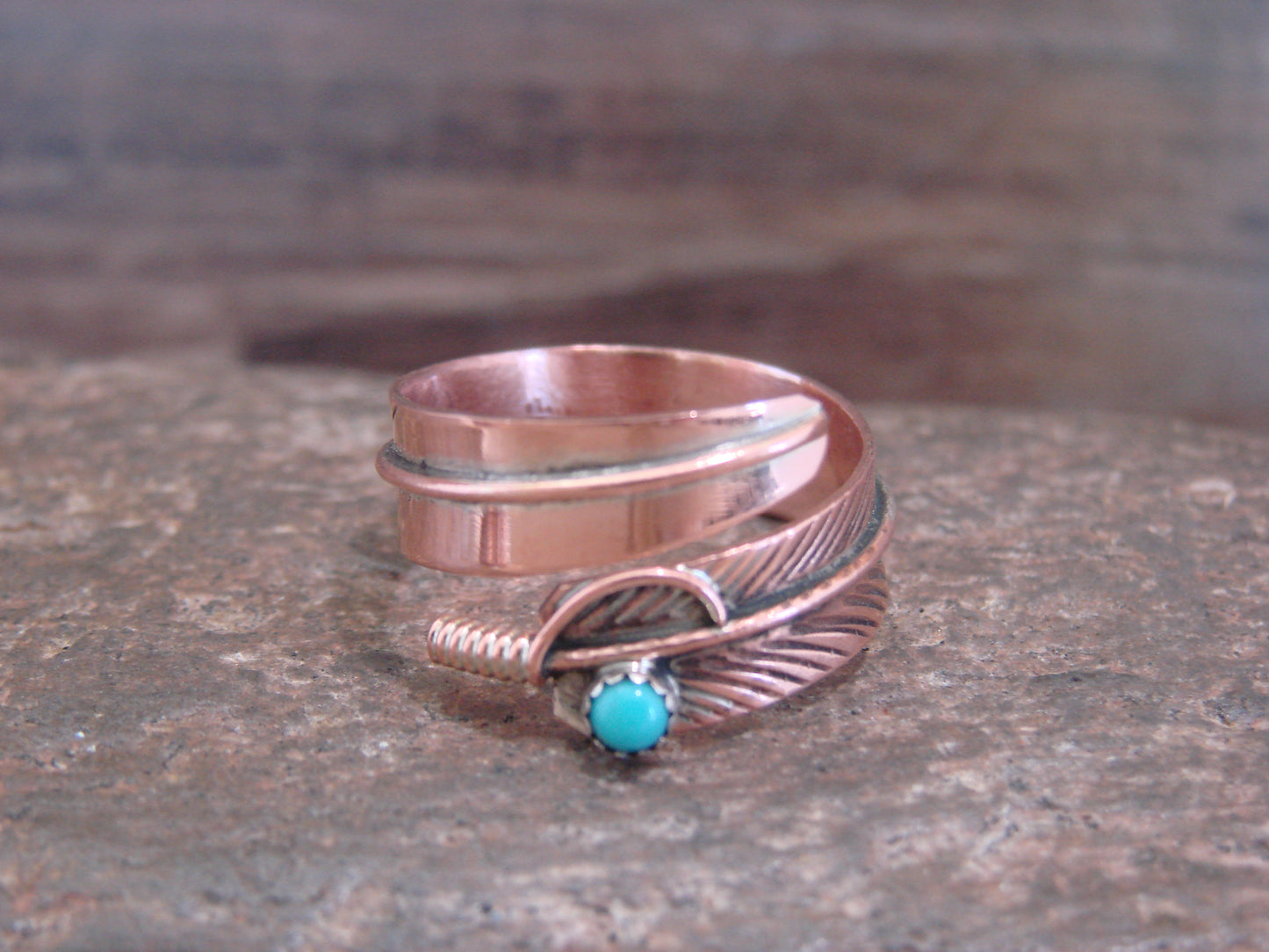 Native American Copper & Turquoise Adjustable Feather Ring Signed Davis