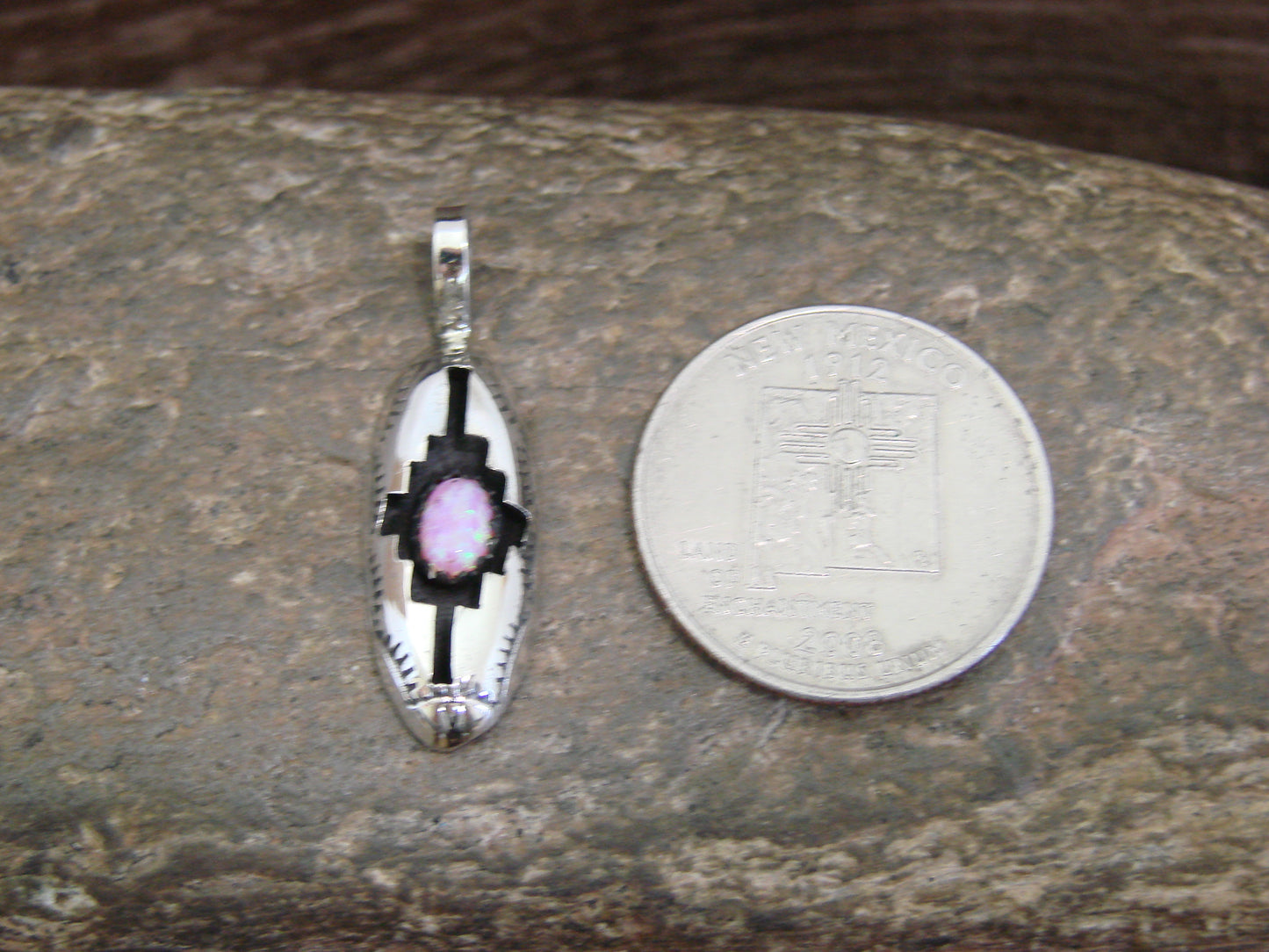 Native American Indian Sterling Silver & Pink Opal Shadow Box Pendant - Perry