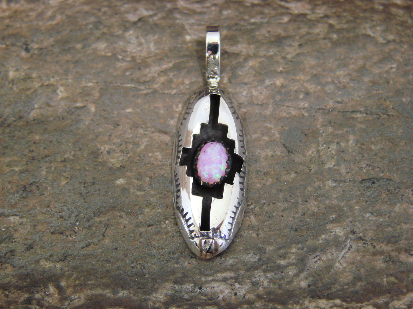 Native American Indian Sterling Silver & Pink Opal Shadow Box Pendant - Perry