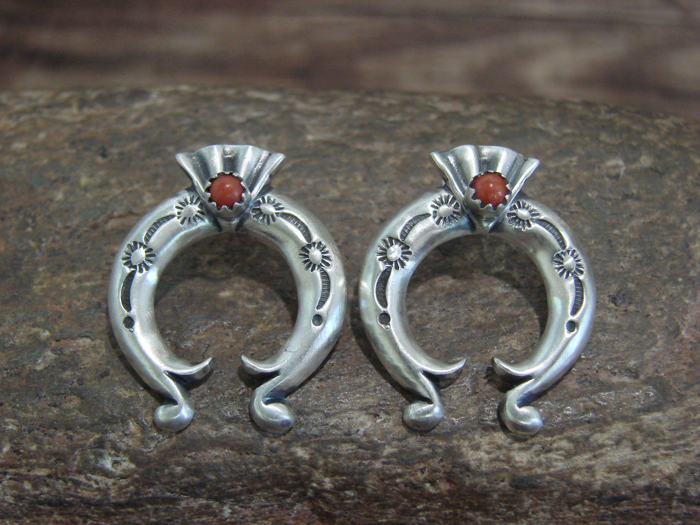 Native American Indian Sterling Silver Coral Naja Post Earrings by Gordon