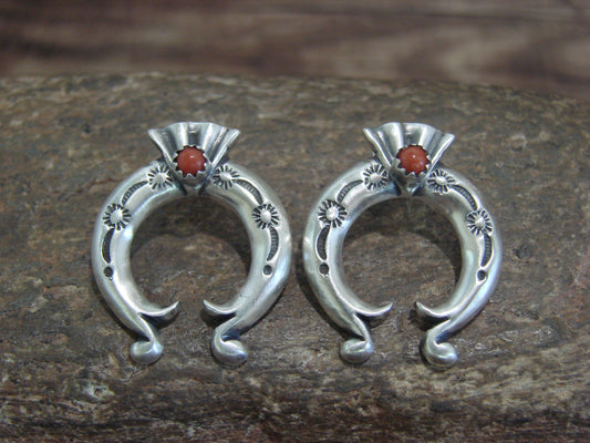 Native American Indian Sterling Silver Coral Naja Post Earrings by Gordon