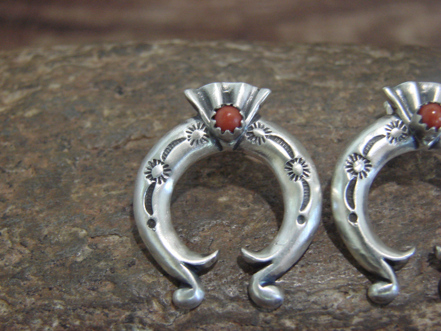 Native American Indian Sterling Silver Coral Naja Post Earrings by Gordon