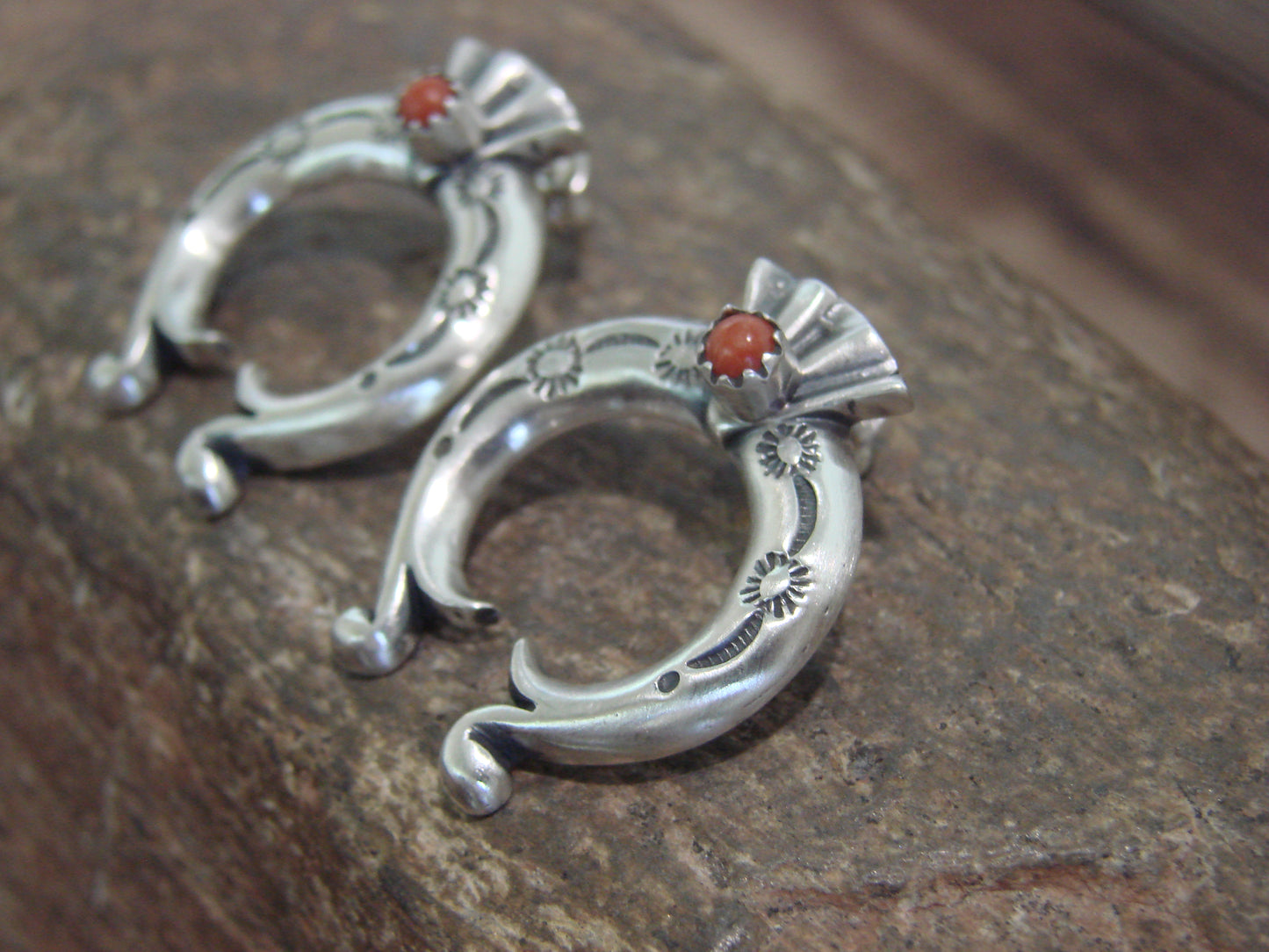 Native American Indian Sterling Silver Coral Naja Post Earrings by Gordon