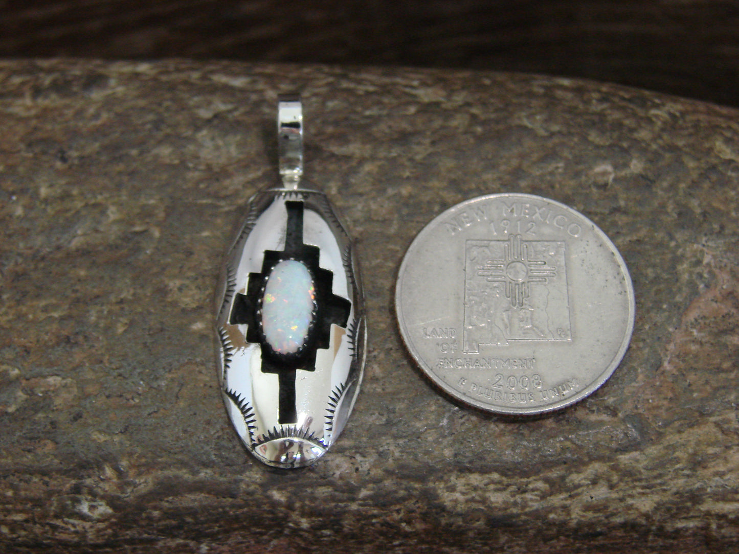 Native American Indian Sterling Silver & White Opal Shadow Box Pendant - Perry