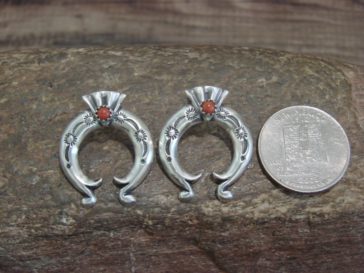 Native American Indian Sterling Silver Coral Naja Post Earrings by Gordon