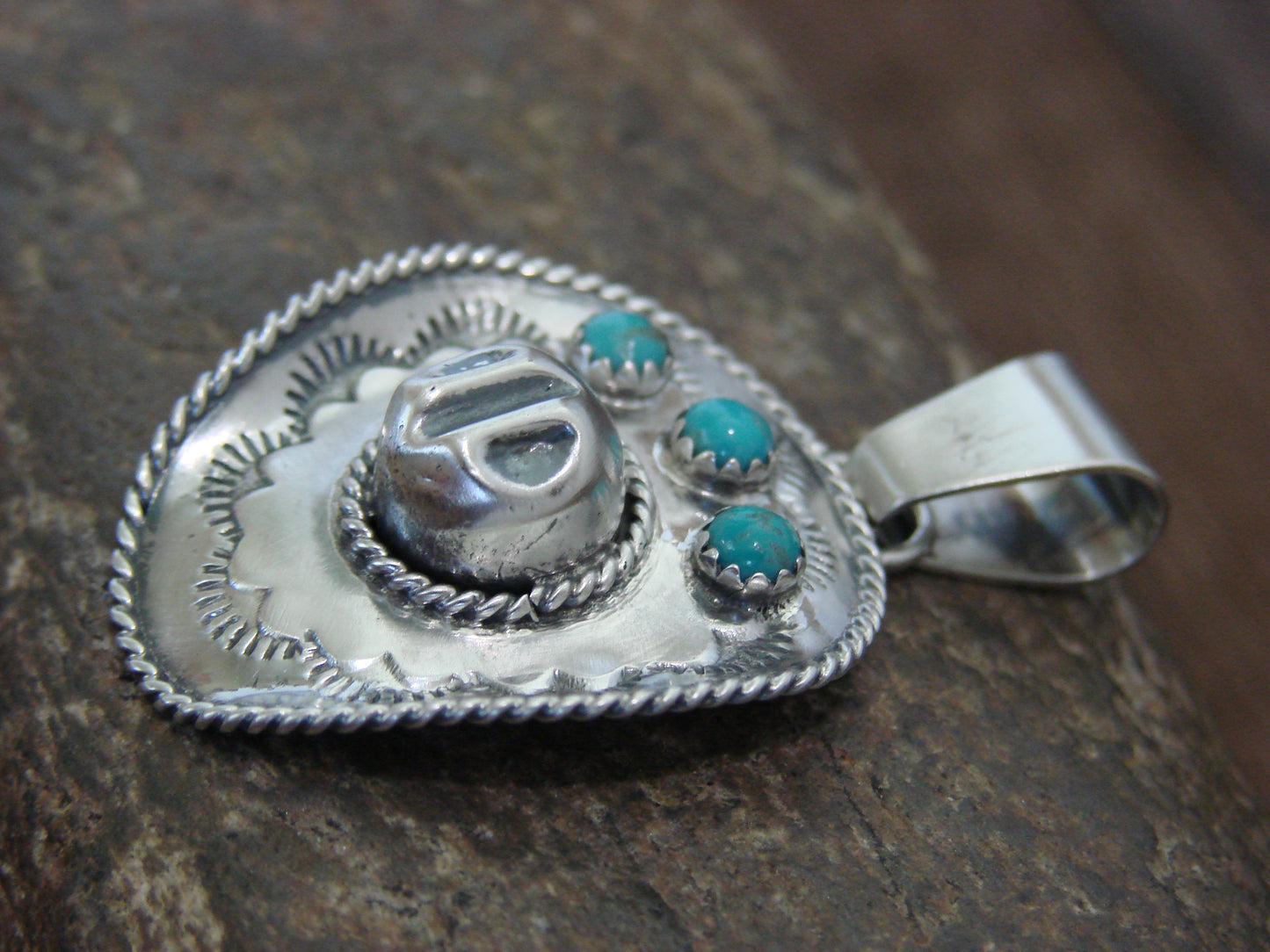Native American Sterling Silver & Turquoise Cowgirl Hat Pendant by Platero