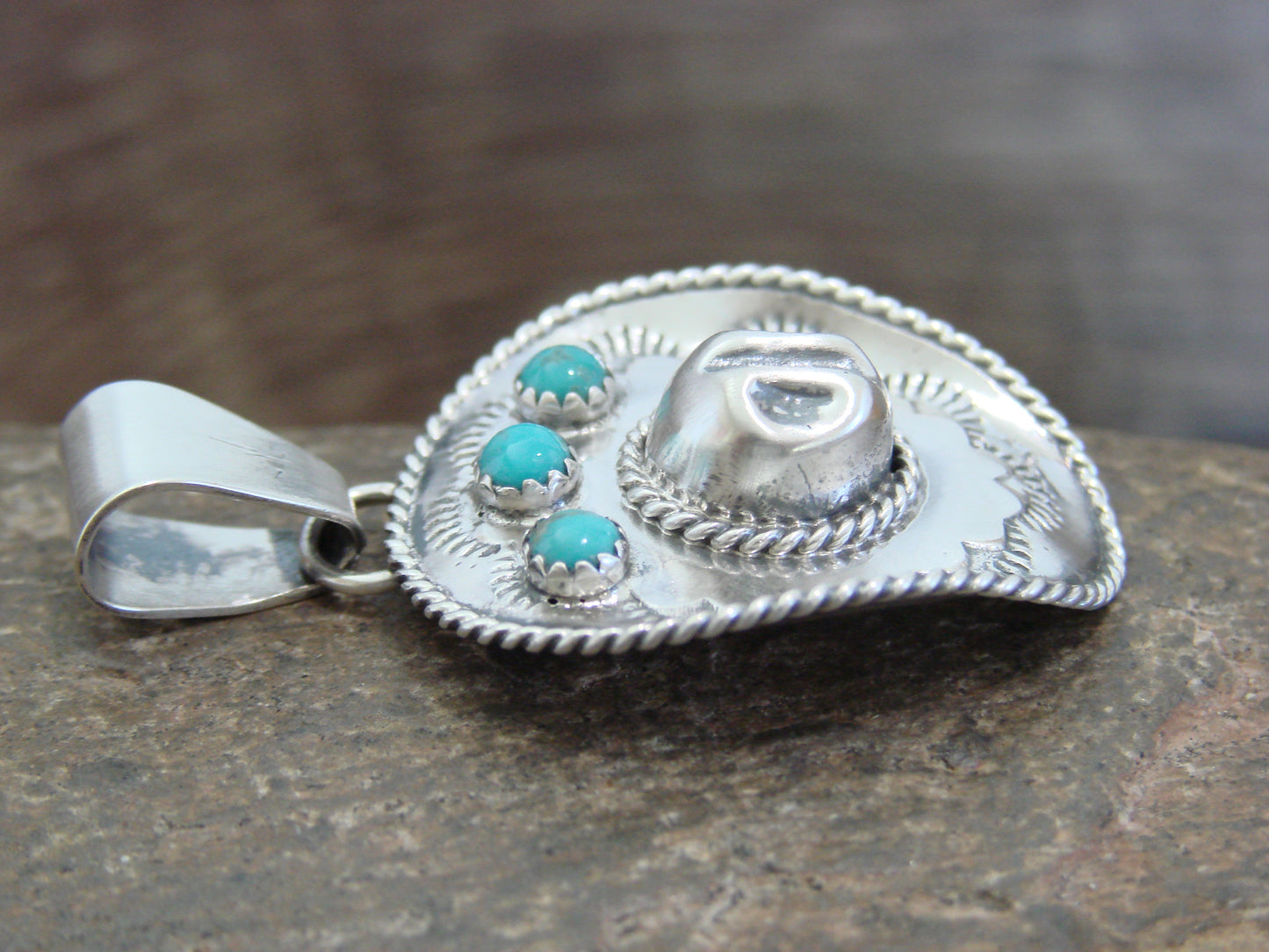 Native American Sterling Silver & Turquoise Cowgirl Hat Pendant by Platero