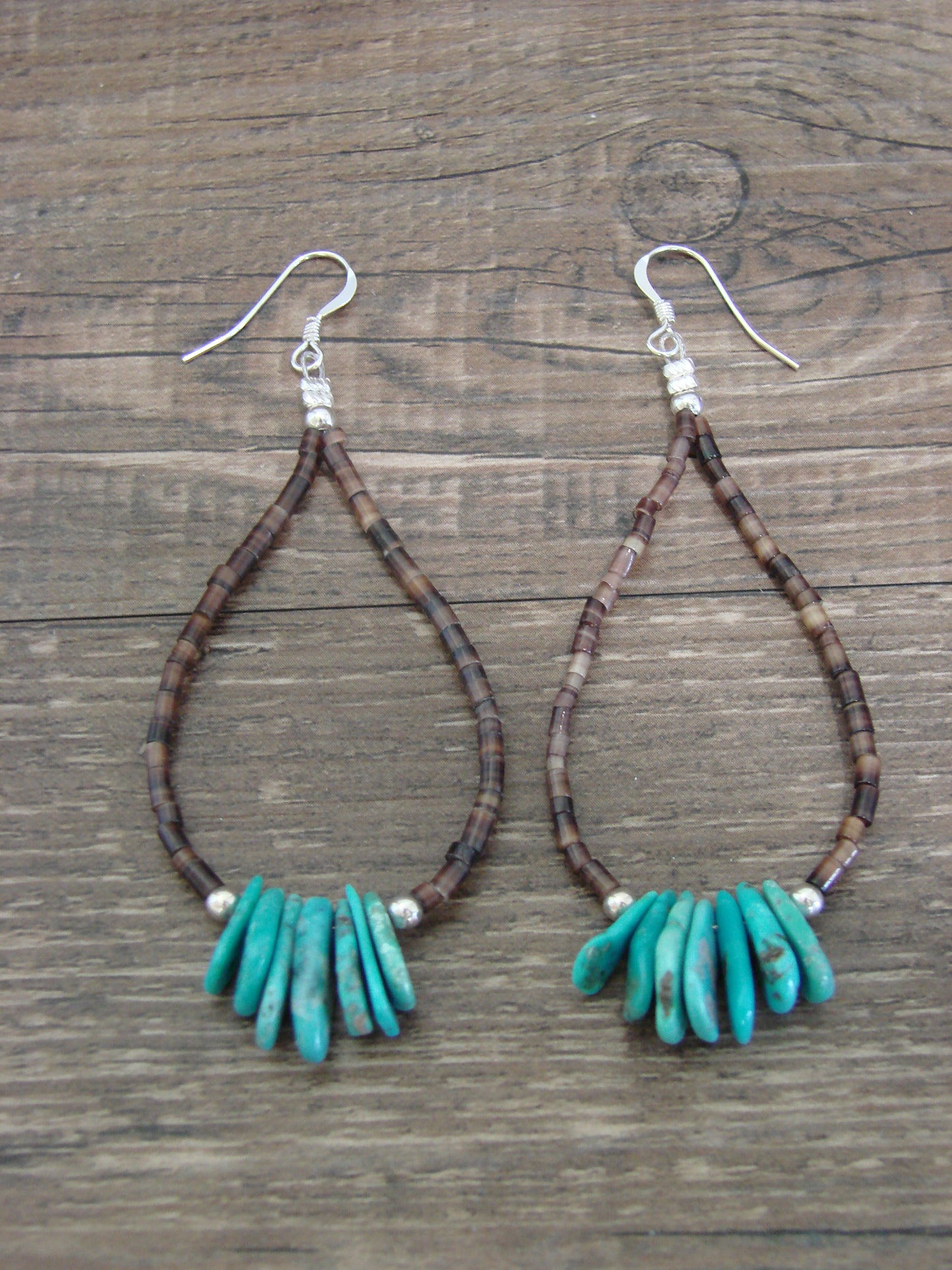 Native American Hand Beaded Turquoise Stone Dangle Earrings by Jake