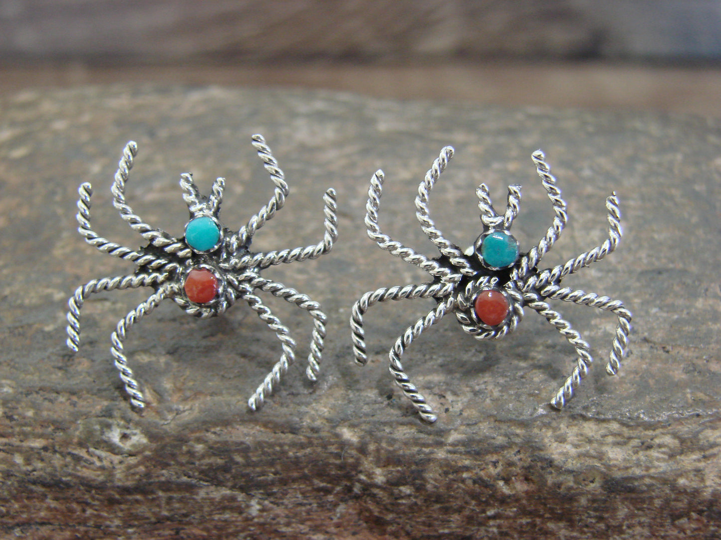Native American Sterling Silver Turquoise & Coral Spider Post Earrings - Weebothee