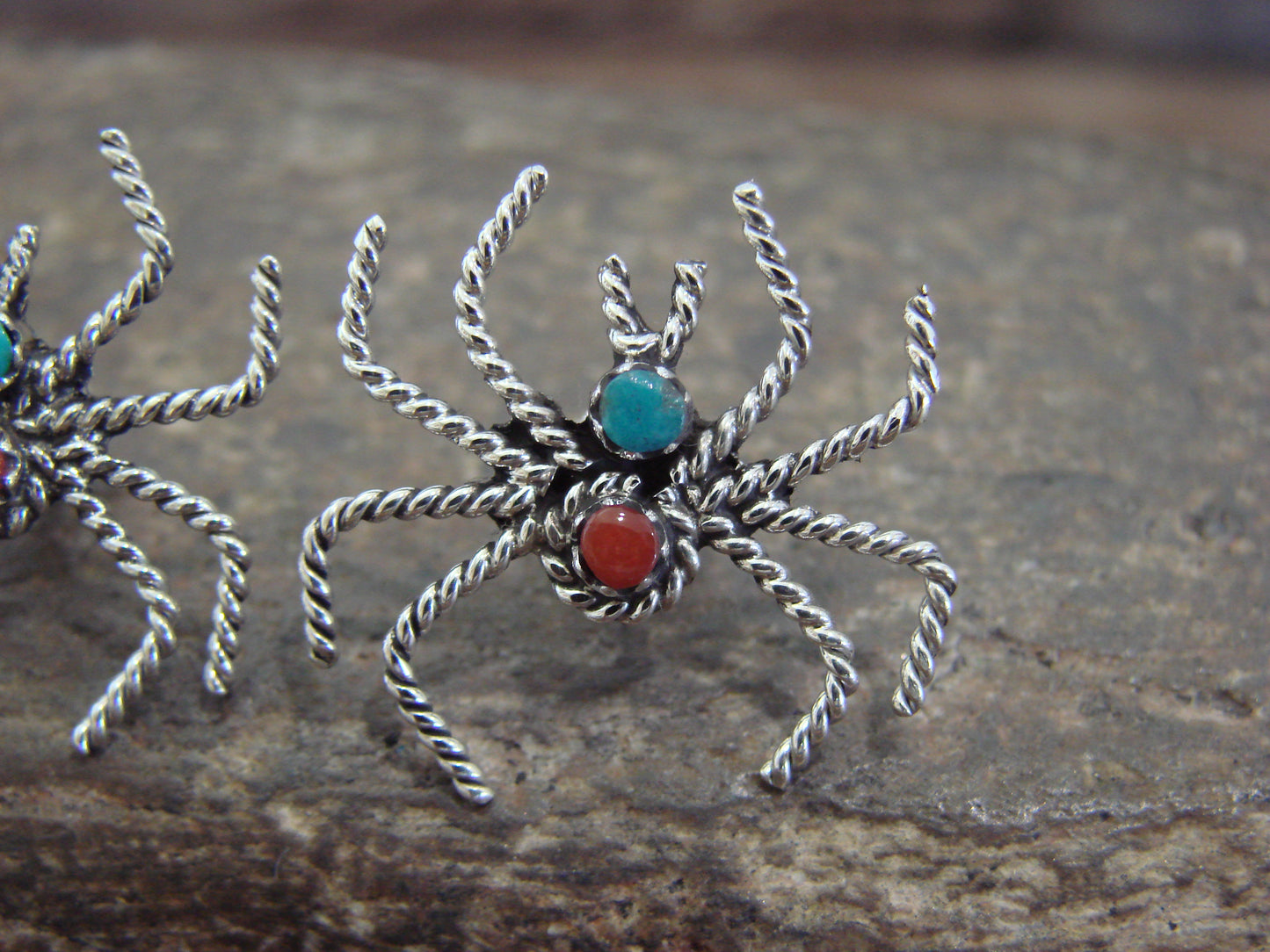 Native American Sterling Silver Turquoise & Coral Spider Post Earrings - Weebothee