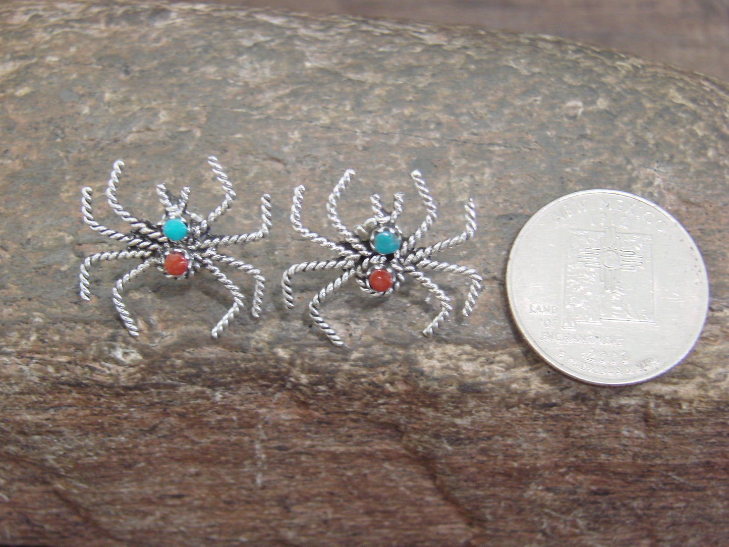 Native American Sterling Silver Turquoise & Coral Spider Post Earrings - Weebothee
