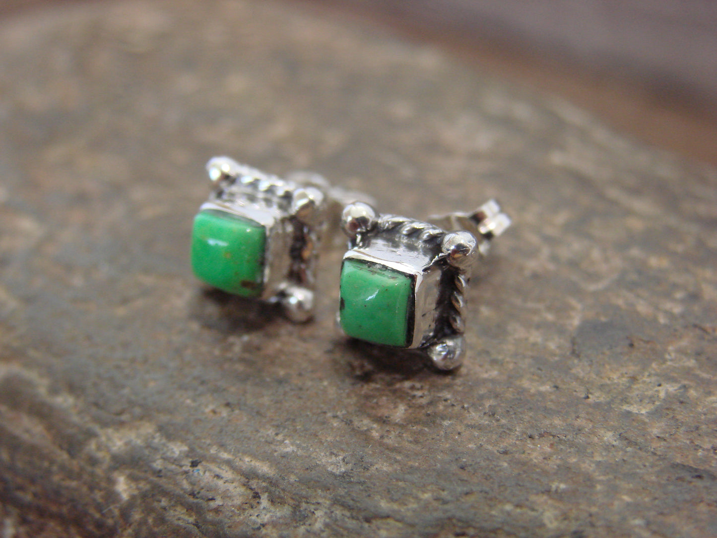 Native American Sterling Silver & Gaspeite Square Stud Post Earrings - Jack