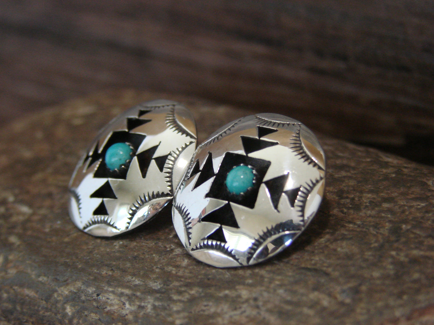 Native American Sterling Silver & Turquoise Shadowbox Post Earrings - Perry