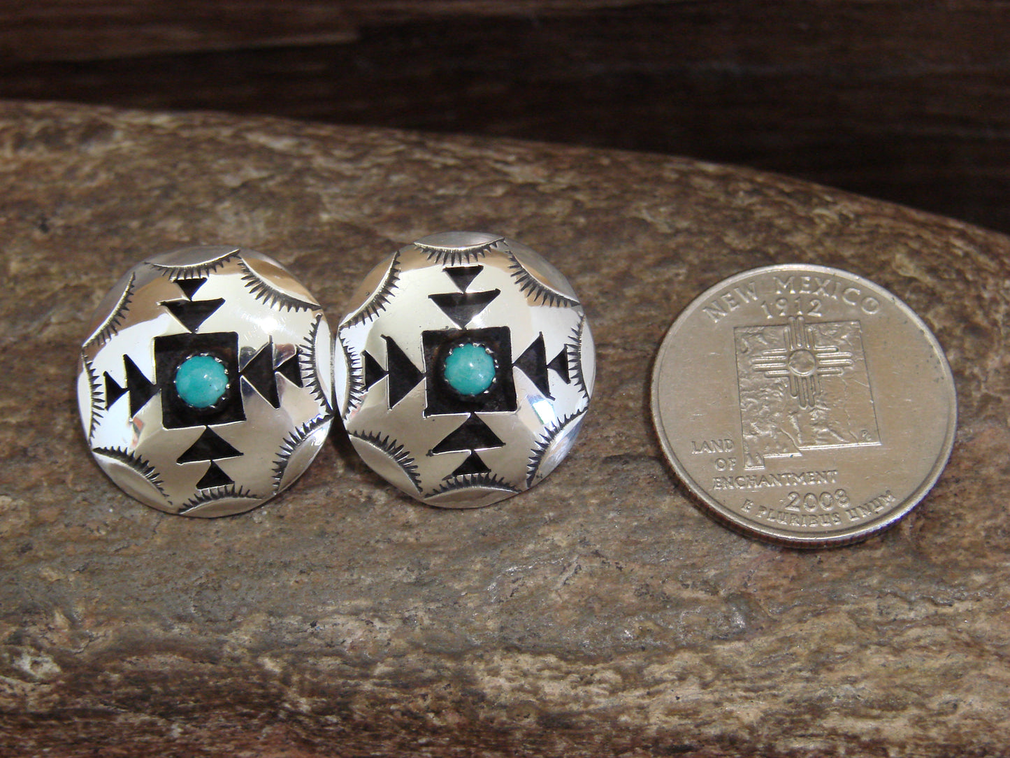 Native American Sterling Silver & Turquoise Shadowbox Post Earrings - Perry