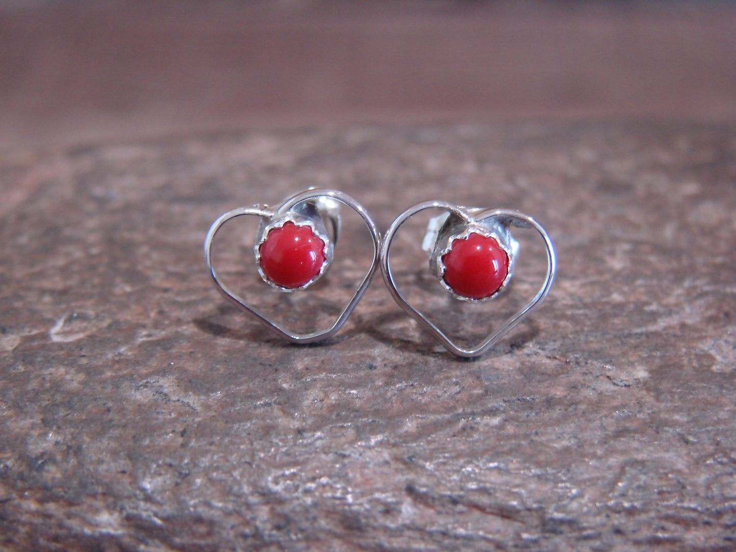 Native American Sterling Silver Coral Heart Post Earrings - Pablito