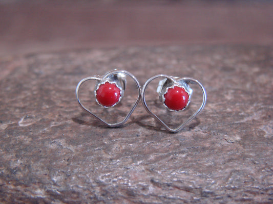 Native American Sterling Silver Coral Heart Post Earrings - Pablito