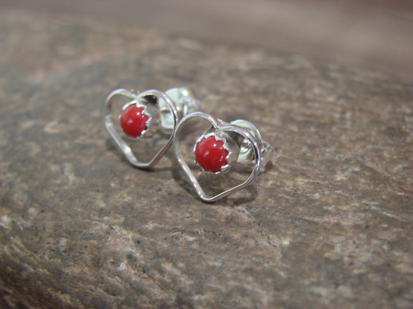 Native American Sterling Silver Coral Heart Post Earrings - Pablito