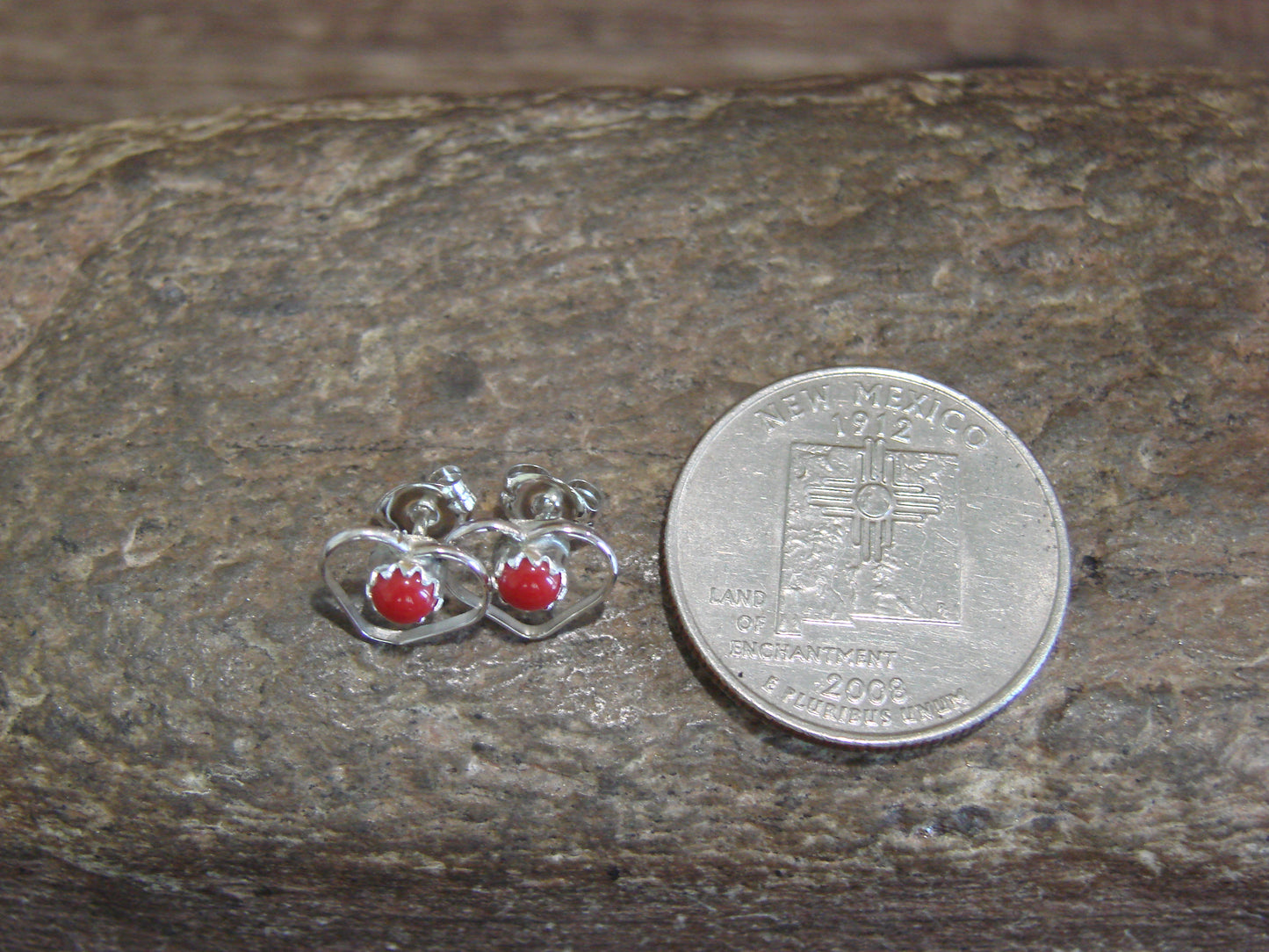 Native American Sterling Silver Coral Heart Post Earrings - Pablito