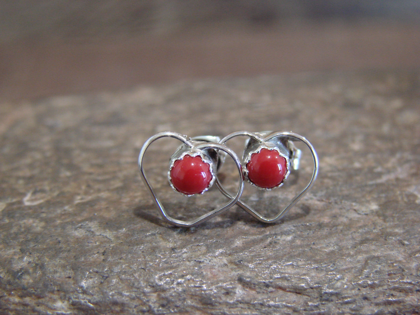 Native American Sterling Silver Coral Heart Post Earrings - Pablito