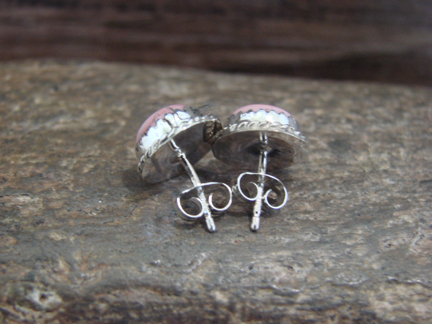 Navajo Indian Sterling Silver 3/8" Round Pink Shell Post Earrings by White