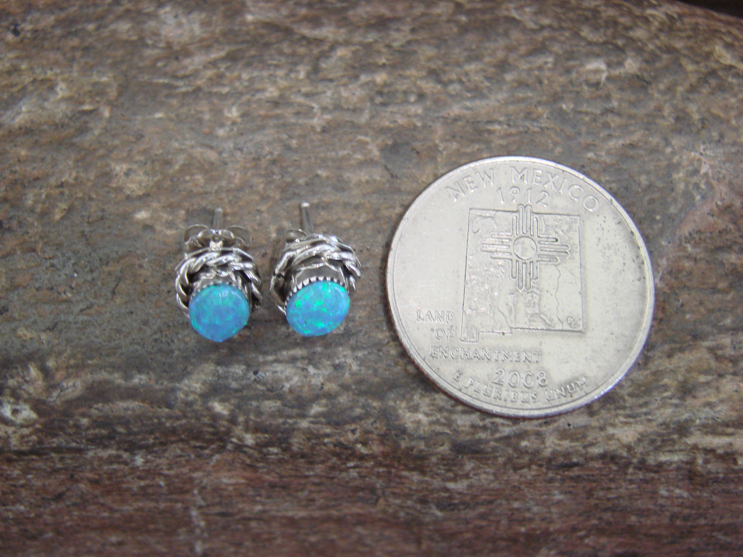 Native American Sterling Silver Oval Blue Opal Stud Post Earrings by Cachini