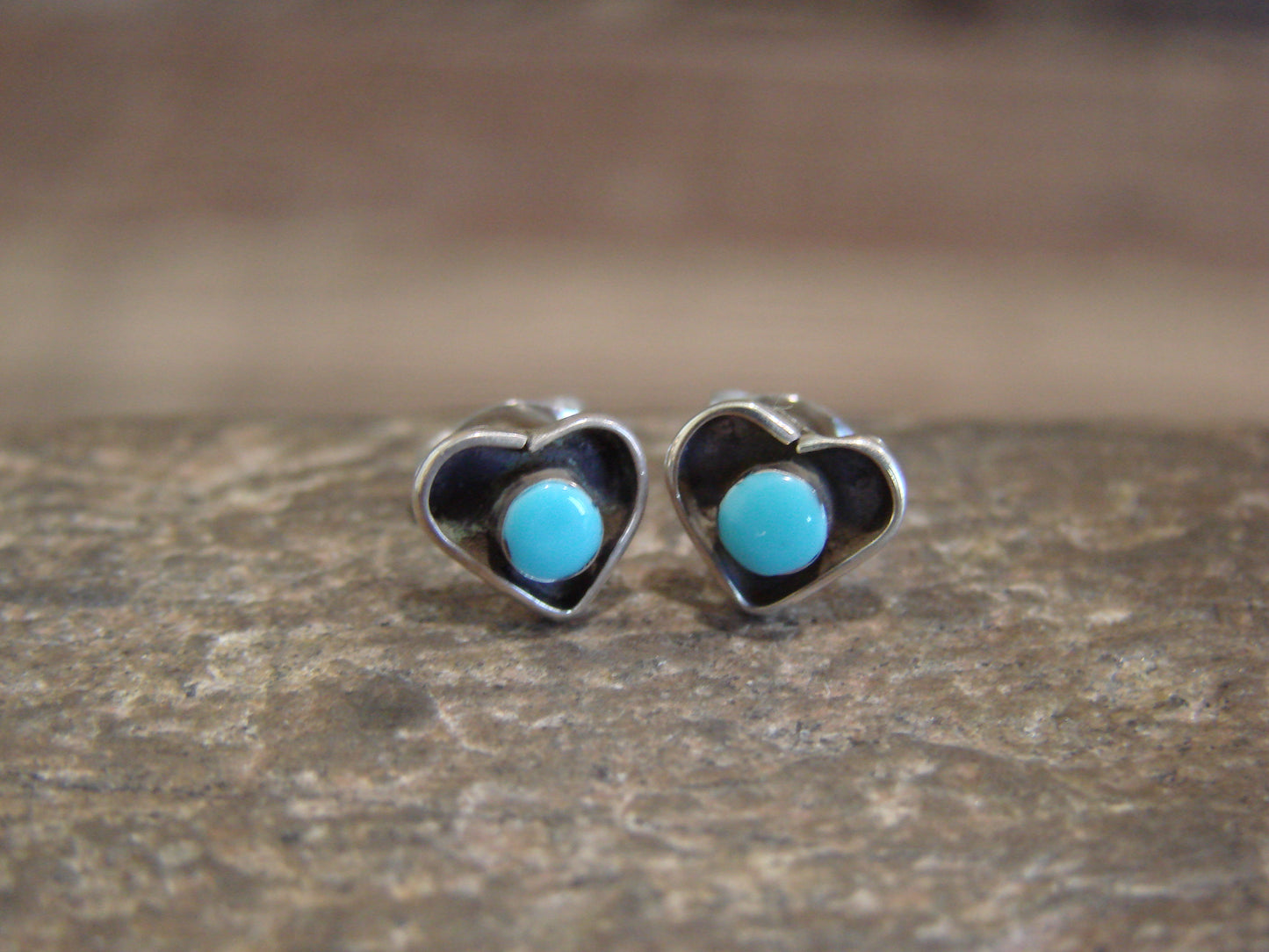 Native American Indian Sterling Silver Turquoise Heart Stud Post Earrings - Neha