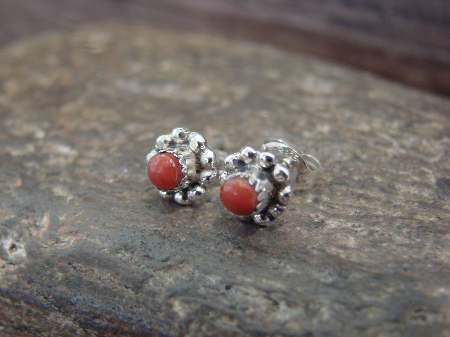 Native American Sterling Silver Handmade Coral Post Earrings - Laate