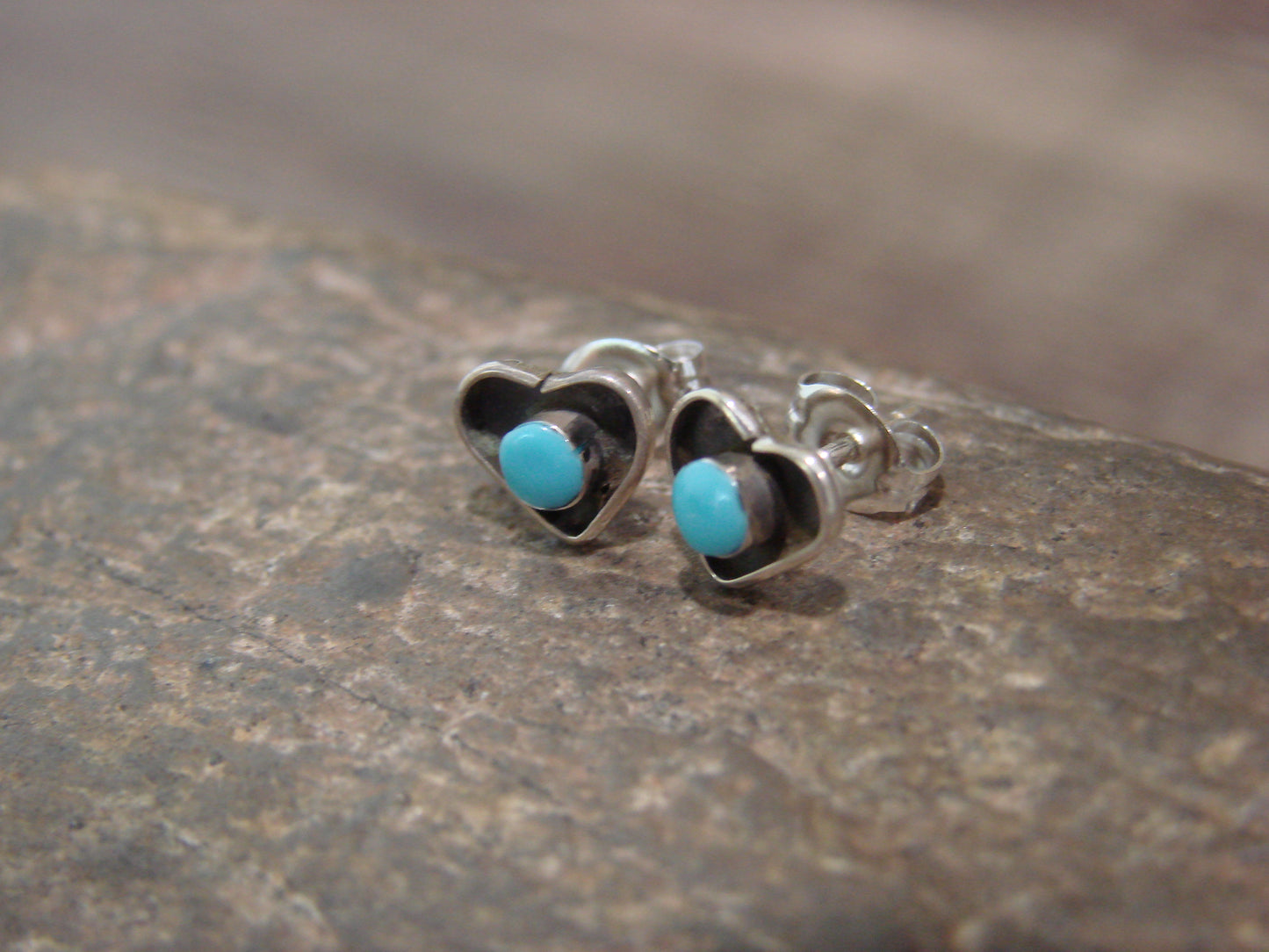 Native American Indian Sterling Silver Turquoise Heart Stud Post Earrings - Neha