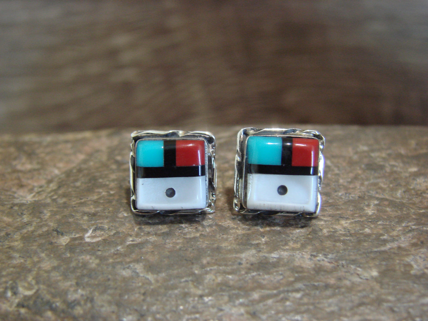Native American Indian Square Turquoise Inlay Sunface Earrings by Lonjose
