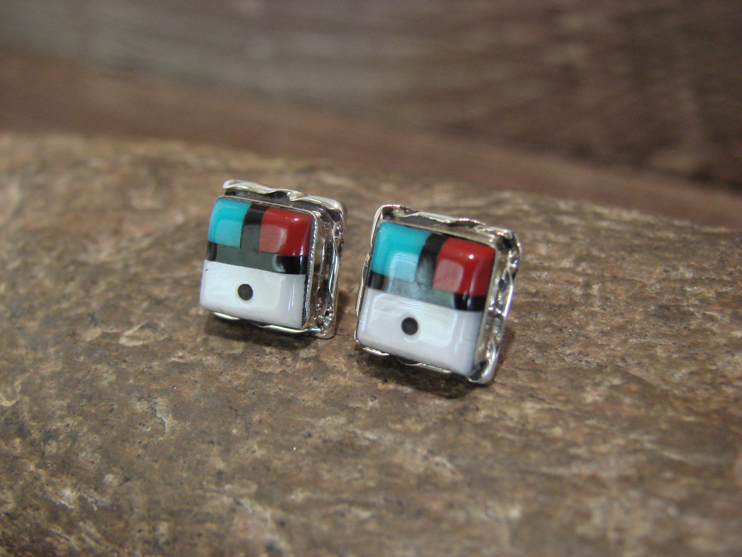 Native American Indian Square Turquoise Inlay Sunface Earrings by Lonjose