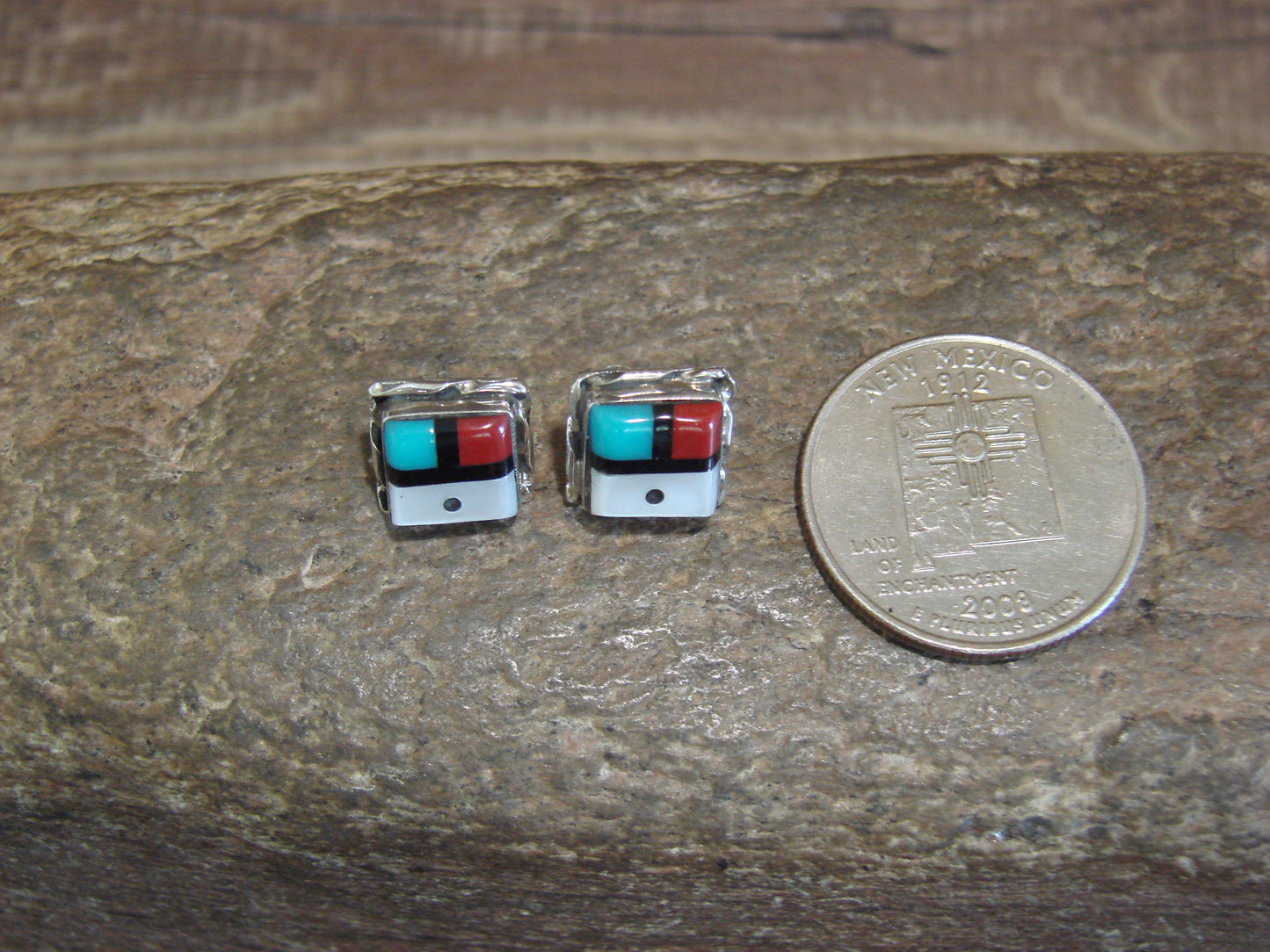 Native American Indian Square Turquoise Inlay Sunface Earrings by Lonjose